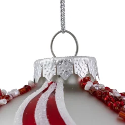 Outlet Set of 2 Silver with Red Glitter and Beads Striped Glass Christmas Ball Ornaments 4