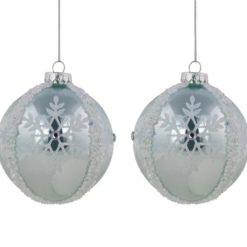 Discount Set of 2 Sky Blue Glittered and Beaded Snowflake Glass Christmas Ball Ornaments 4" Glass|Ball Ornaments