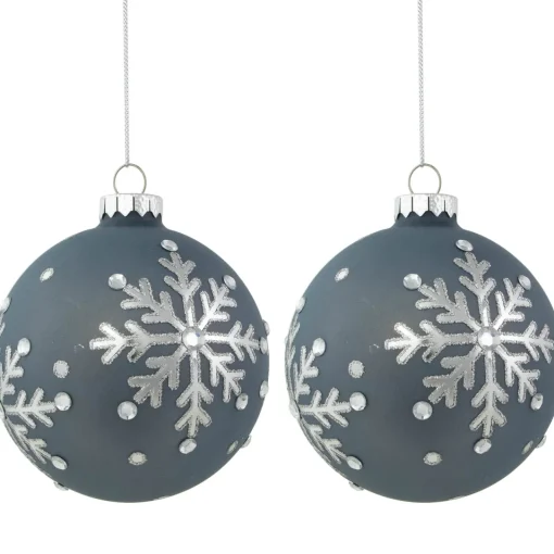 Outlet Set of 2 Slate Blue Jeweled Snowflake Glass Christmas Ball Ornaments Glass|Ball Ornaments