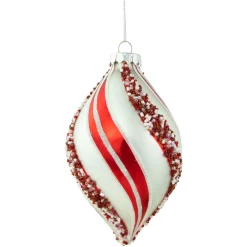 Online Set of 2 White and Red Glitter and Beads Striped Finial Glass Christmas Ornaments 5.5" Finials|Pendants