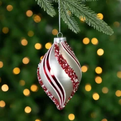Online Set of 2 White and Red Glitter and Beads Striped Finial Glass Christmas Ornaments 5.5" Finials|Pendants
