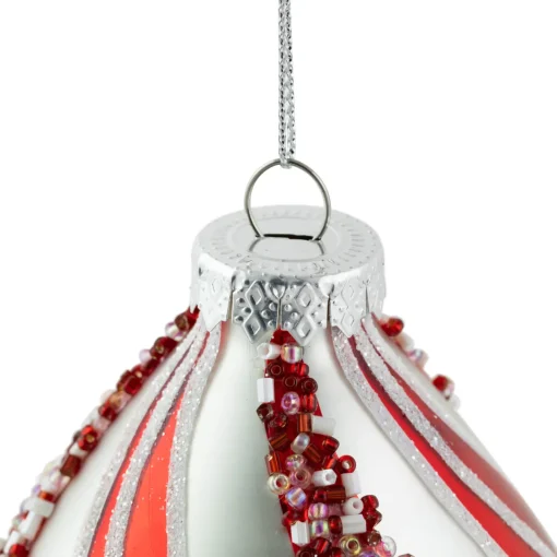 Online Set of 2 White and Red Glitter and Beads Striped Finial Glass Christmas Ornaments 5.5" Finials|Pendants