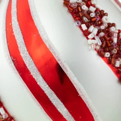 Online Set of 2 White and Red Glitter and Beads Striped Finial Glass Christmas Ornaments 5.5