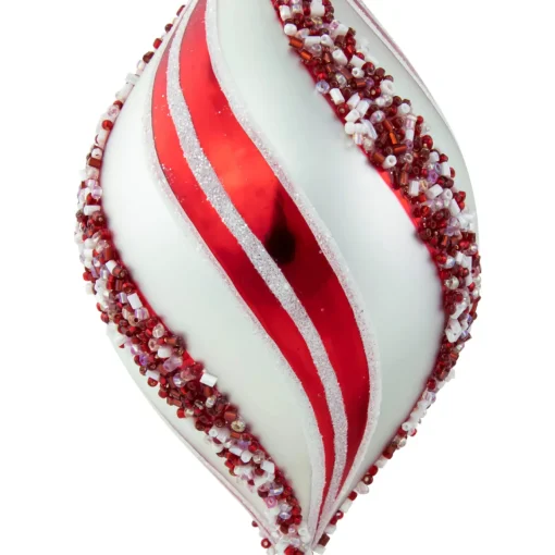 Online Set of 2 White and Red Glitter and Beads Striped Finial Glass Christmas Ornaments 5.5" Finials|Pendants