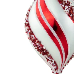 Online Set of 2 White and Red Glitter and Beads Striped Finial Glass Christmas Ornaments 5.5