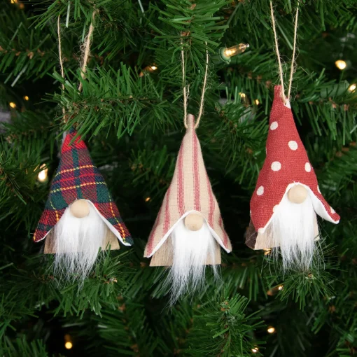 Clearance Set of 3 Wooden Gnomes Christmas Ornaments 4" Gnomes