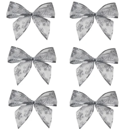 Sheer Snowflake 2-Loop Christmas Bow Decorations - 5.5" - Silver - Pack of 6 Ribbons & Bows
