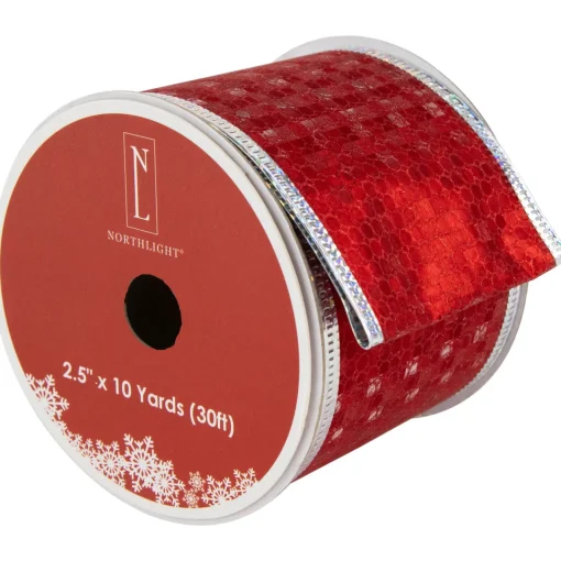 Shimmery Red and Silver Horizontal Wired Christmas Craft Ribbon 2.5" x 10 Yards Ribbons & Bows