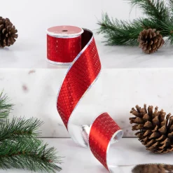 Shimmery Red and Silver Horizontal Wired Christmas Craft Ribbon 2.5" x 10 Yards Ribbons & Bows