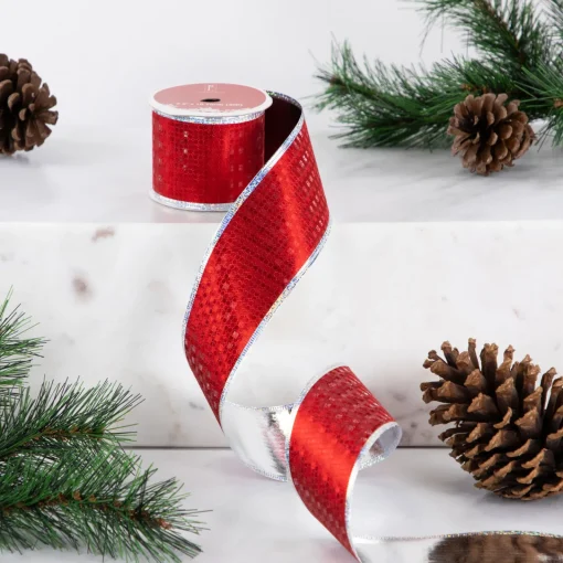 Shimmery Red and Silver Horizontal Wired Christmas Craft Ribbon 2.5" x 10 Yards Ribbons & Bows