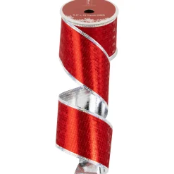 Shimmery Red and Silver Horizontal Wired Christmas Craft Ribbon 2.5