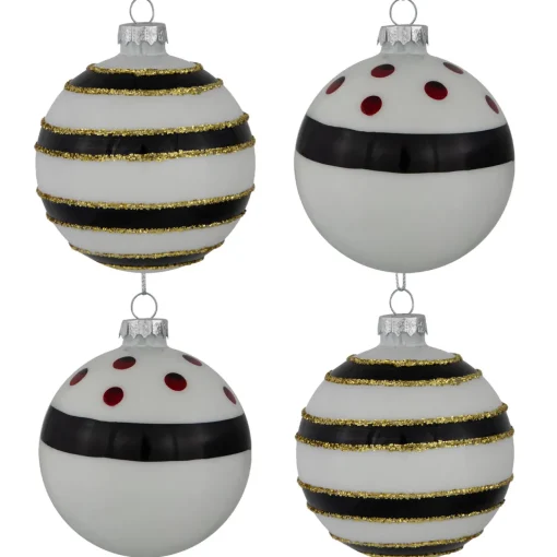 Outlet Shiny Finish Striped Christmas Glass Ball Ornaments - 3" (80mm) - White and Black - Set of 4 Glass|Ball Ornaments