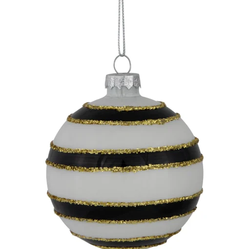 Outlet Shiny Finish Striped Christmas Glass Ball Ornaments - 3" (80mm) - White and Black - Set of 4 Glass|Ball Ornaments