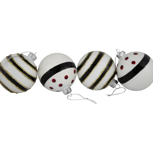 Outlet Shiny Finish Striped Christmas Glass Ball Ornaments - 3" (80mm) - White and Black - Set of 4 Glass|Ball Ornaments