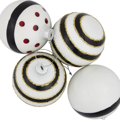 Outlet Shiny Finish Striped Christmas Glass Ball Ornaments - 3" (80mm) - White and Black - Set of 4 Glass|Ball Ornaments