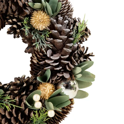 New Silver and Green Mixed Foliage and Pinecone Christmas Wreath, 13.5-Inch, Unlit Unlit