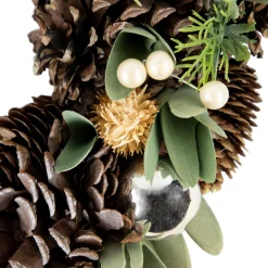 New Silver and Green Mixed Foliage and Pinecone Christmas Wreath, 13.5-Inch, Unlit Unlit