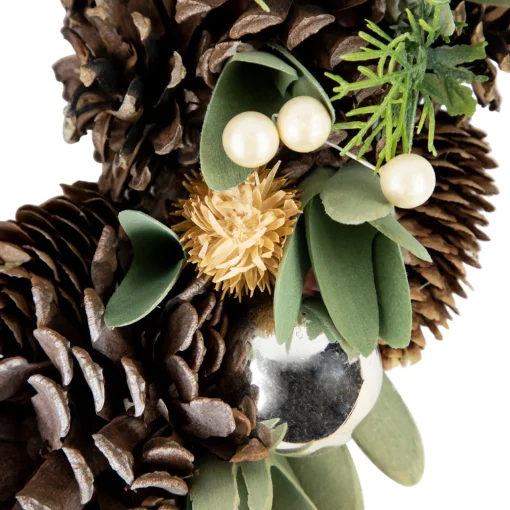 New Silver and Green Mixed Foliage and Pinecone Christmas Wreath, 13.5-Inch, Unlit Unlit