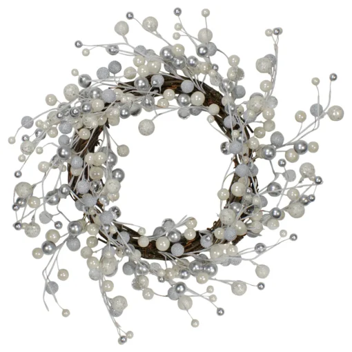 Online Silver and White Ball Ornaments Christmas Wreath, 20-Inch, Unlit Unlit