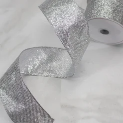 Online Silver Glittered Christmas Wired Craft Ribbon 2.5