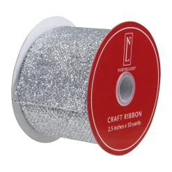 Online Silver Glittered Christmas Wired Craft Ribbon 2.5