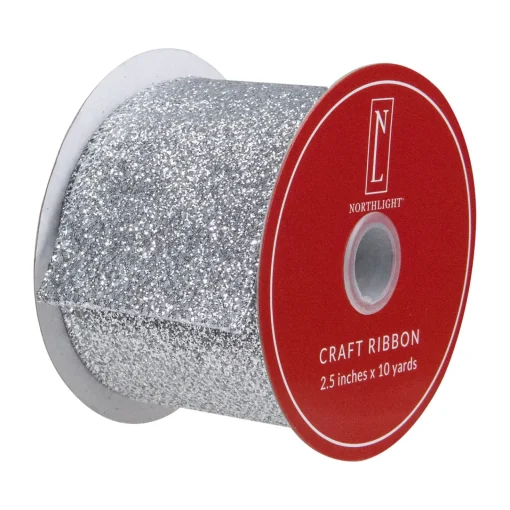 Online Silver Glittered Christmas Wired Craft Ribbon 2.5" x 10 Yards Ribbons & Bows