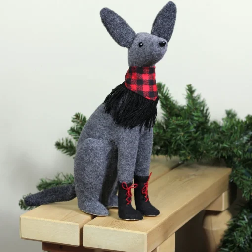 Discount Sitting Dog with Plaid Collar Christmas Decoration - 14.5” - Gray and Red Animals