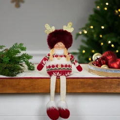 Best Sitting Plush Girl with Dangling Legs Christmas Figure - 16" - Cream and Red People