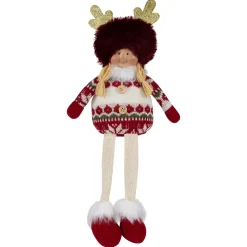 Best Sitting Plush Girl with Dangling Legs Christmas Figure - 16" - Cream and Red People