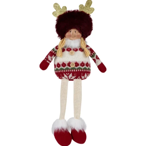 Best Sitting Plush Girl with Dangling Legs Christmas Figure - 16" - Cream and Red People