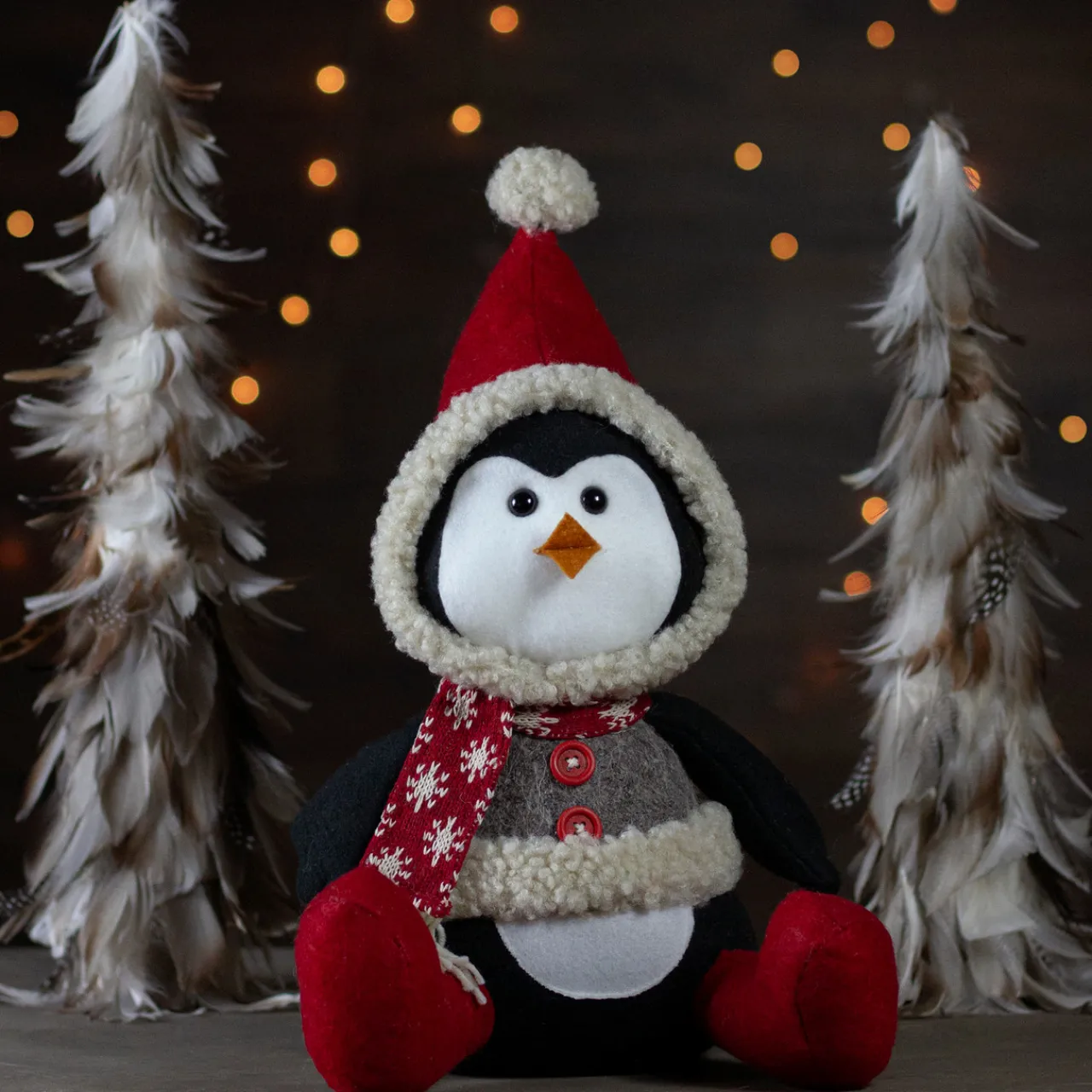 Discount Sitting Winter Penguin Christmas Figure - 15" Red, White, and Black Animals