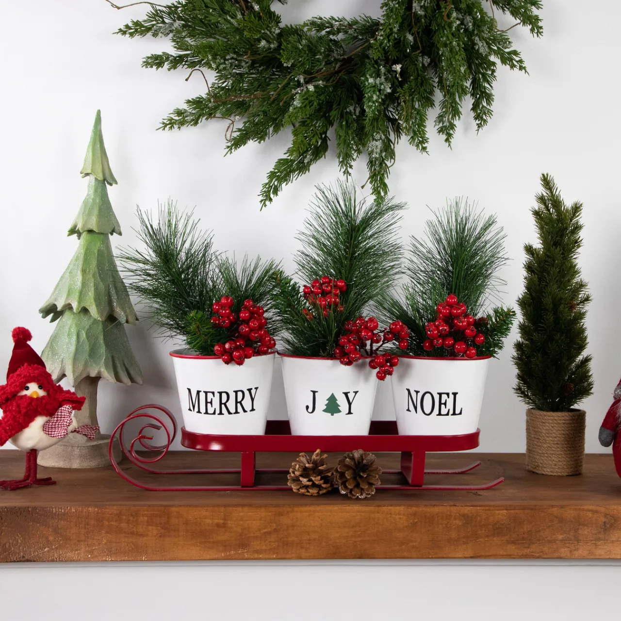 Hot Sleigh with "Noel", "Joy" and "Merry" Buckets Christmas Centerpiece - 18.75" - Red Sleighs