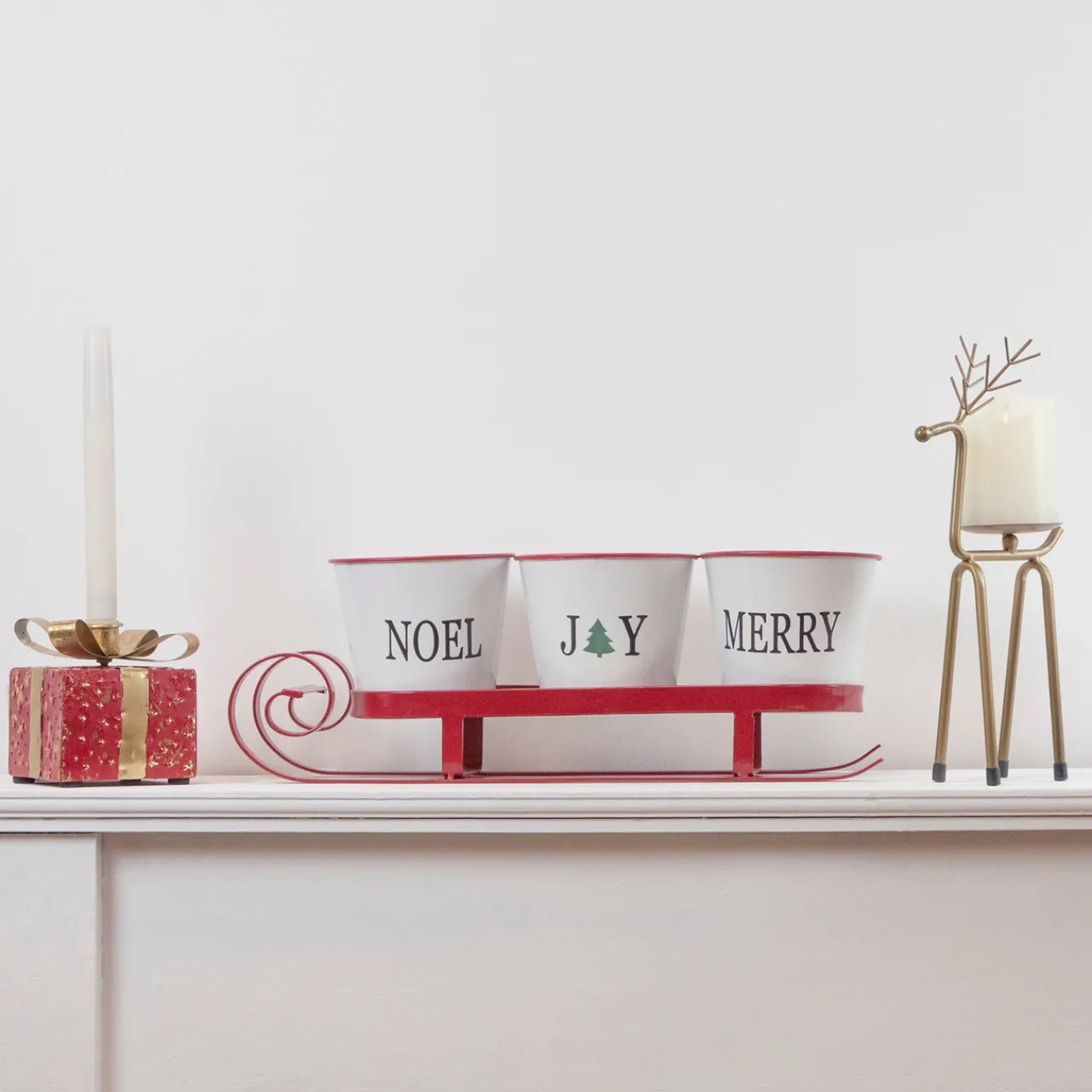 Hot Sleigh with "Noel", "Joy" and "Merry" Buckets Christmas Centerpiece - 18.75" - Red Sleighs