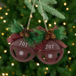 Hot Snowflake "Joy" Jingle Bell Disc Ornaments - 5" - Set of 2 Disk Ornaments