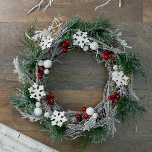 Snowflakes and Berries Winter Foliage Christmas Wreath - 13" - Unlit Unlit