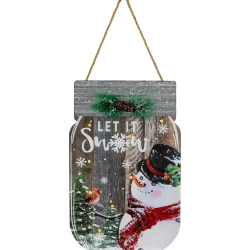 Snowman Mason Jar "Let It Snow" Christmas Wall Sign - 13.5" Wall