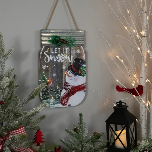 Snowman Mason Jar "Let It Snow" Christmas Wall Sign - 13.5" Wall