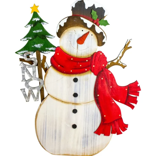 Online Snowman with "Snow" and Pine Tree Sign Wooden Christmas Decoration - 18" Wall