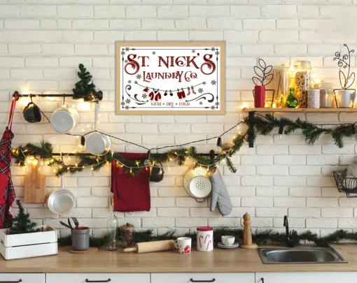 Sale St Nick's Laundry Company Laundry Room 14.5" x 20.5" Framed Christmas Wall Decor Sign Poster in a Natural Wooden Frame with UV Acrylic and Hangers Wall