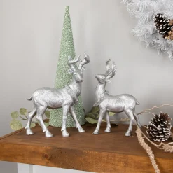 Standing Glitter Reindeer Christmas Decoration - 10.75" - Silver Finish Animals