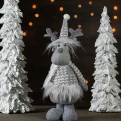 Outlet Standing Moose with Faux Fur Christmas Figure - 12" - Gray and White Animals