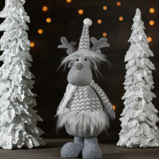 Outlet Standing Moose with Faux Fur Christmas Figure - 12" - Gray and White Animals