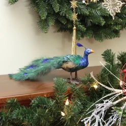 Clearance Standing Peacock Tail Feathers Christmas Decoration - 13" - Green and Blue Animals