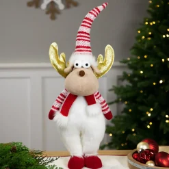 Standing Plush Moose Christmas Figure with Glitter Antlers - 25" - White and Red Animals