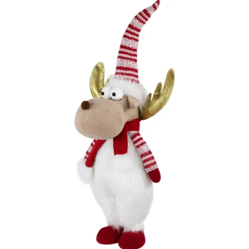 Standing Plush Moose Christmas Figure with Glitter Antlers - 25" - White and Red Animals