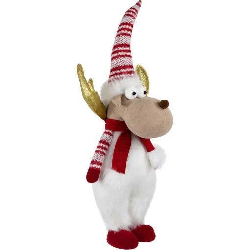 Standing Plush Moose Christmas Figure with Glitter Antlers - 25" - White and Red Animals