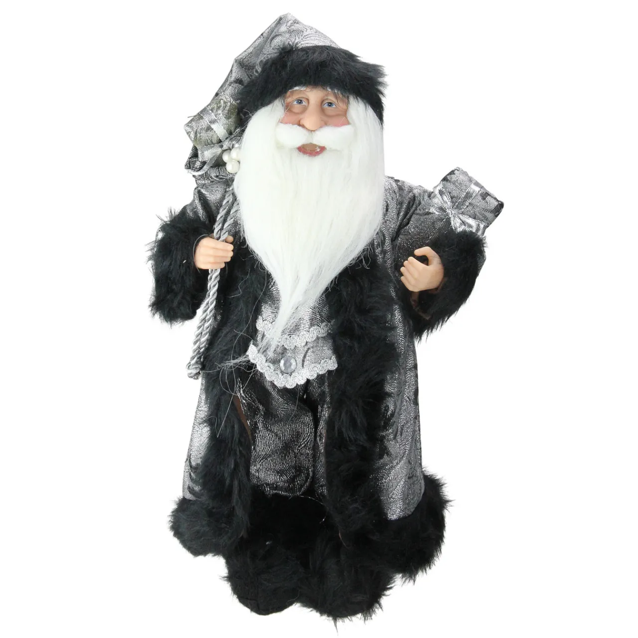 Hot Standing Santa Claus Christmas Figure with Sack - 16" - Silver and Black Santa Claus
