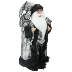 Hot Standing Santa Claus Christmas Figure with Sack - 16" - Silver and Black Santa Claus
