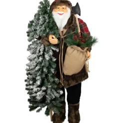 Hot Standing Woodland Santa Claus with Flocked Alpine Tree Commercial Christmas Figure - 5' Santa Claus