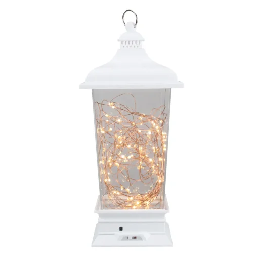 Tapered Lantern with Rice Lights Decoration - 12" - White - Clear Lights Battery Operated